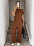 Solid Tee Wide Leg Pants,Casual Travel Coffee Brown Summer