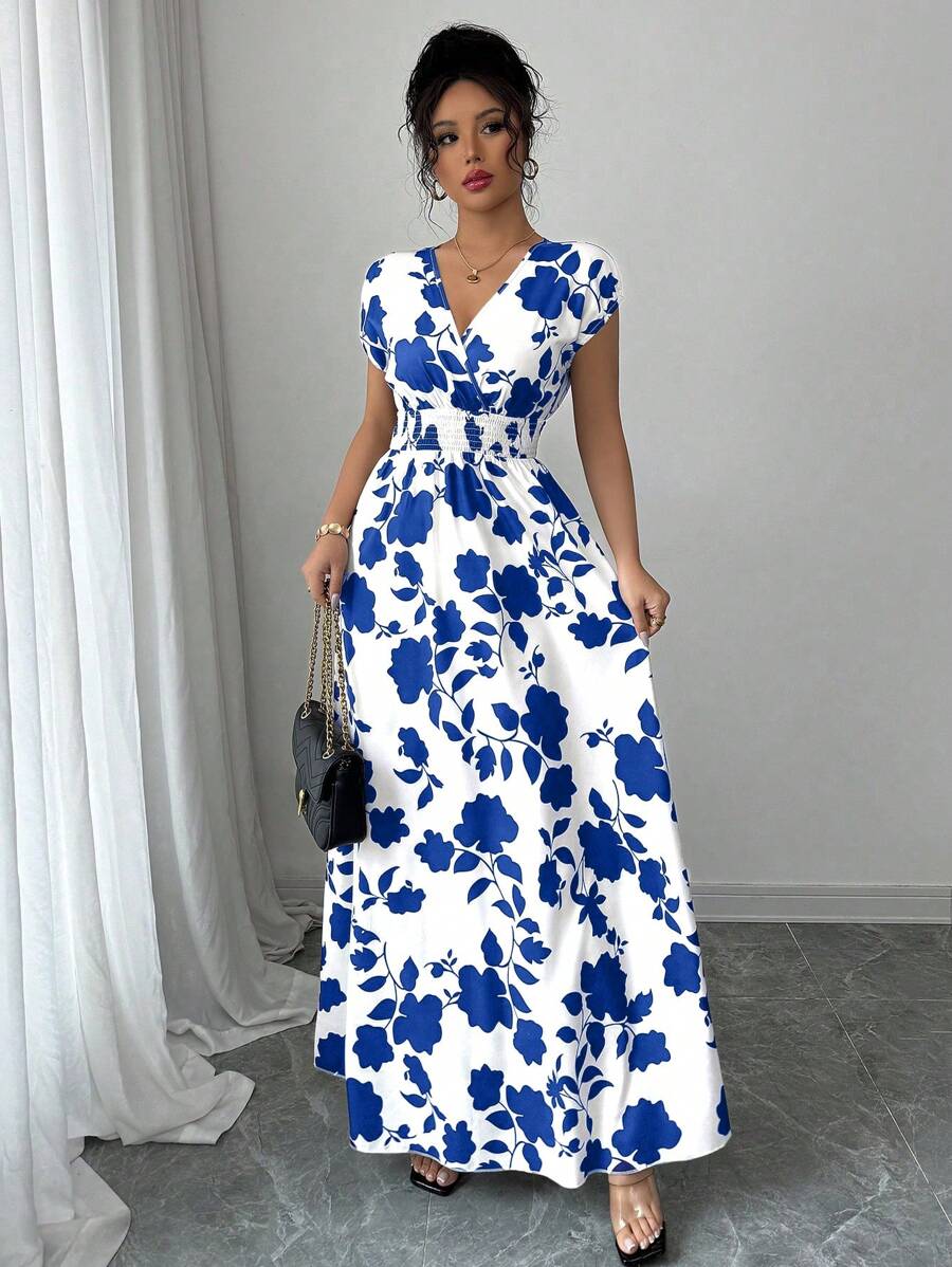 Elenzga Women V-Neck Allover Print Casual Long Dress