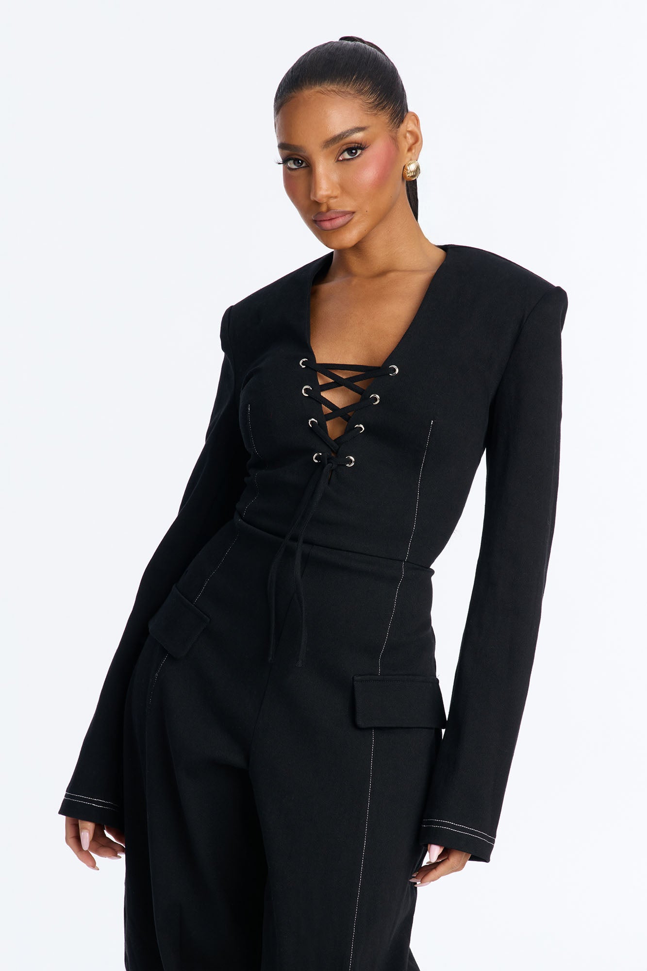 Dasha Twill Lace Up Barrel Jumpsuit - Black