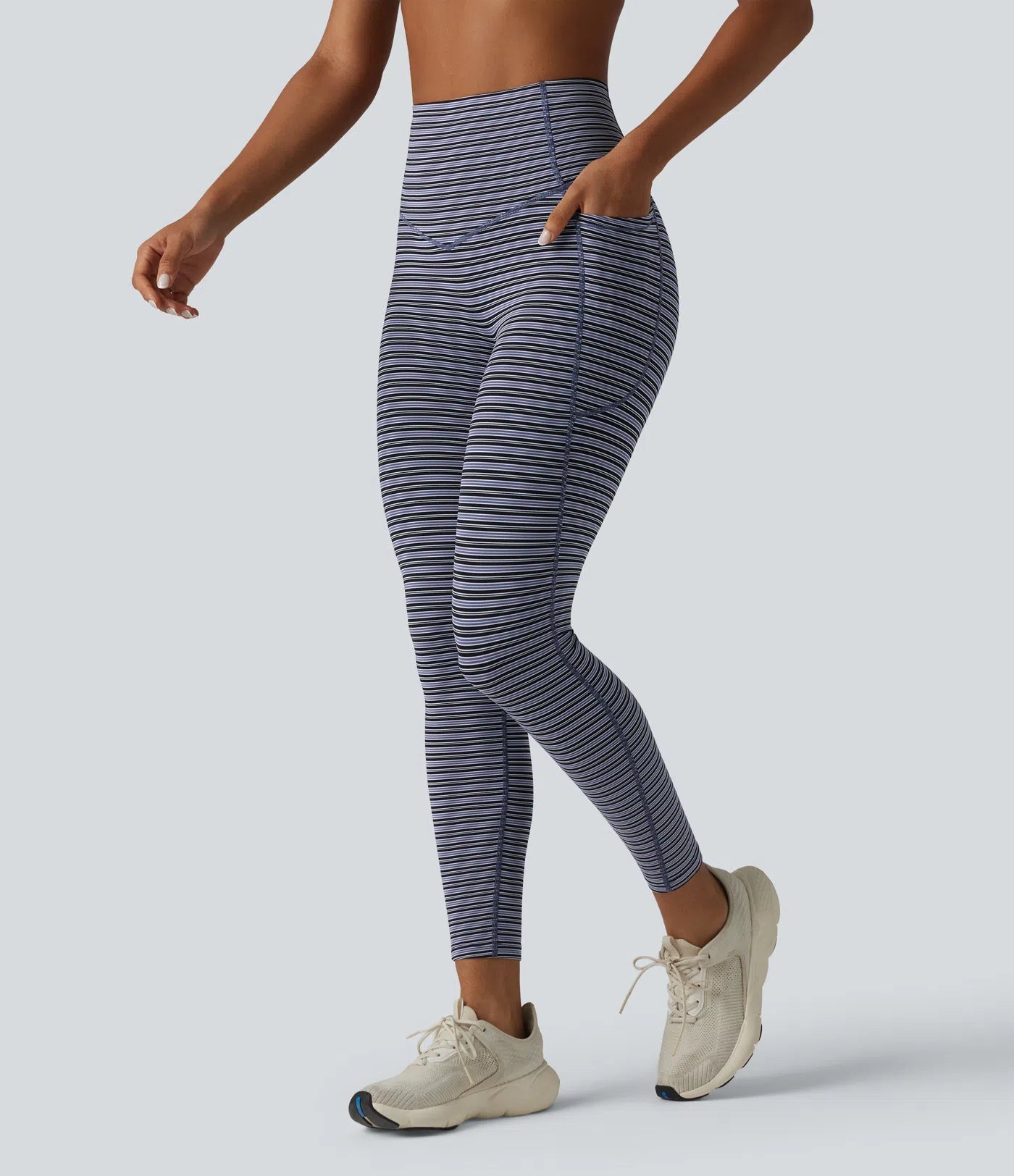 UltraSculptTM Jacquard Stripe High Waisted Tummy Control Running Leggings with Pockets