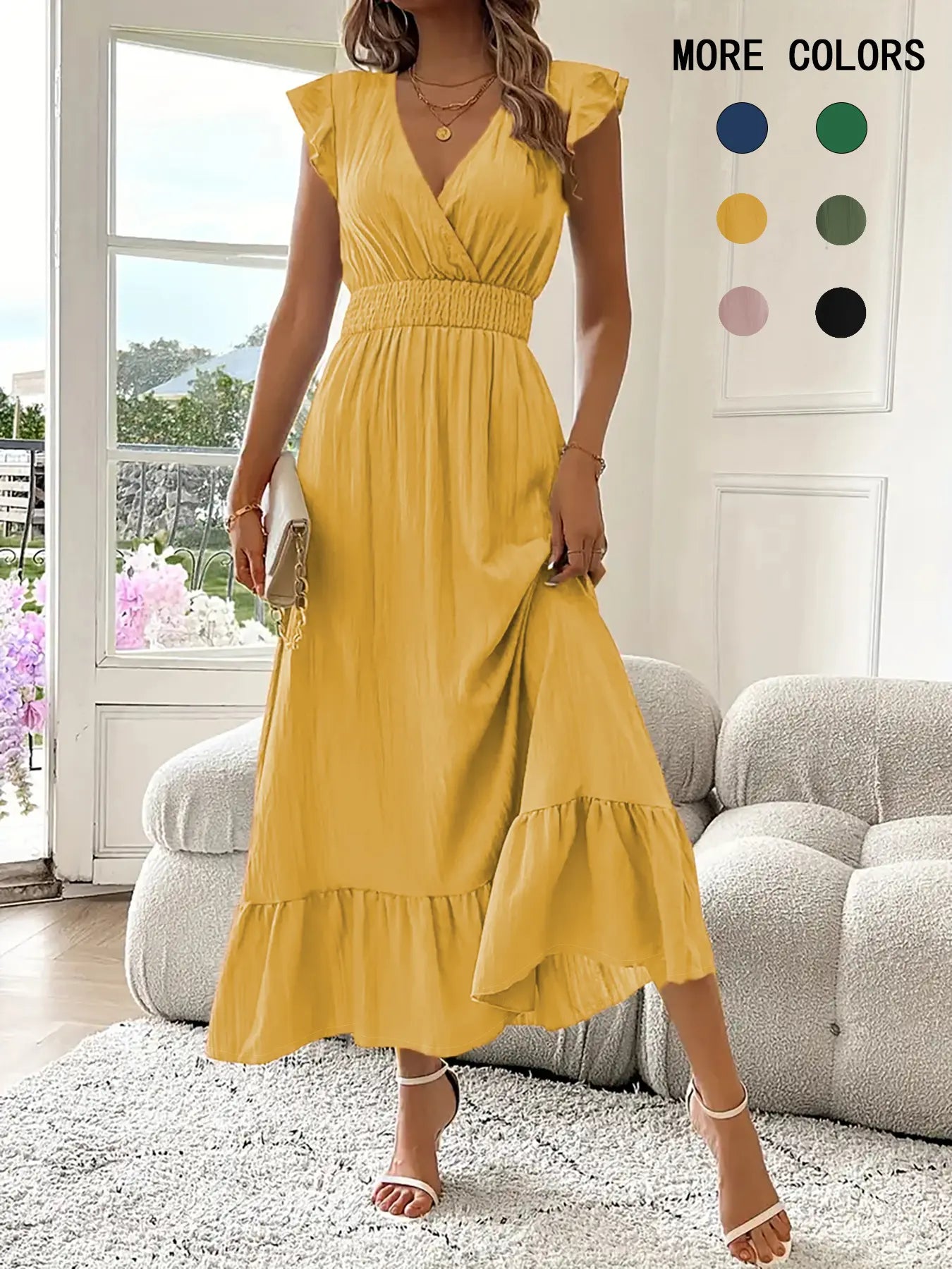 Women's Shirred V Neck Dress - Elegant Casual Summer Wear