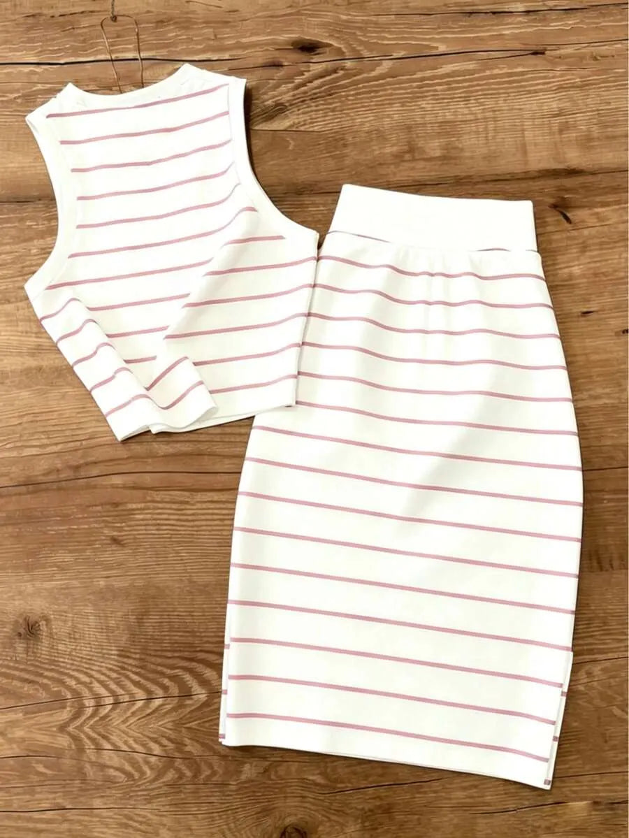 UREREM Women's Striped Contrast Color Casual Elegant Party Ribbed Slit Beach Vest And Skirt 2-Piece Set Summer