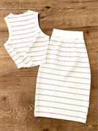 UREREM Women's Striped Contrast Color Casual Elegant Party Ribbed Slit Beach Vest And Skirt 2-Piece Set Summer