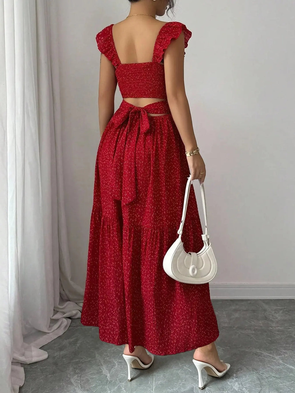 Spring & Summer Ruffled Polka Dot Maxi Dress with Back Tie