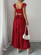 Spring & Summer Ruffled Polka Dot Maxi Dress with Back Tie