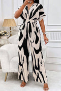 Abstract Print V Neck Short Sleeve High Waist Wide Leg Jumpsuit-Black