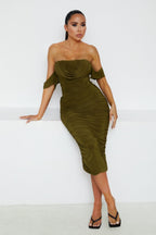 Bardot Cowl Neck Ruched Midi Dress