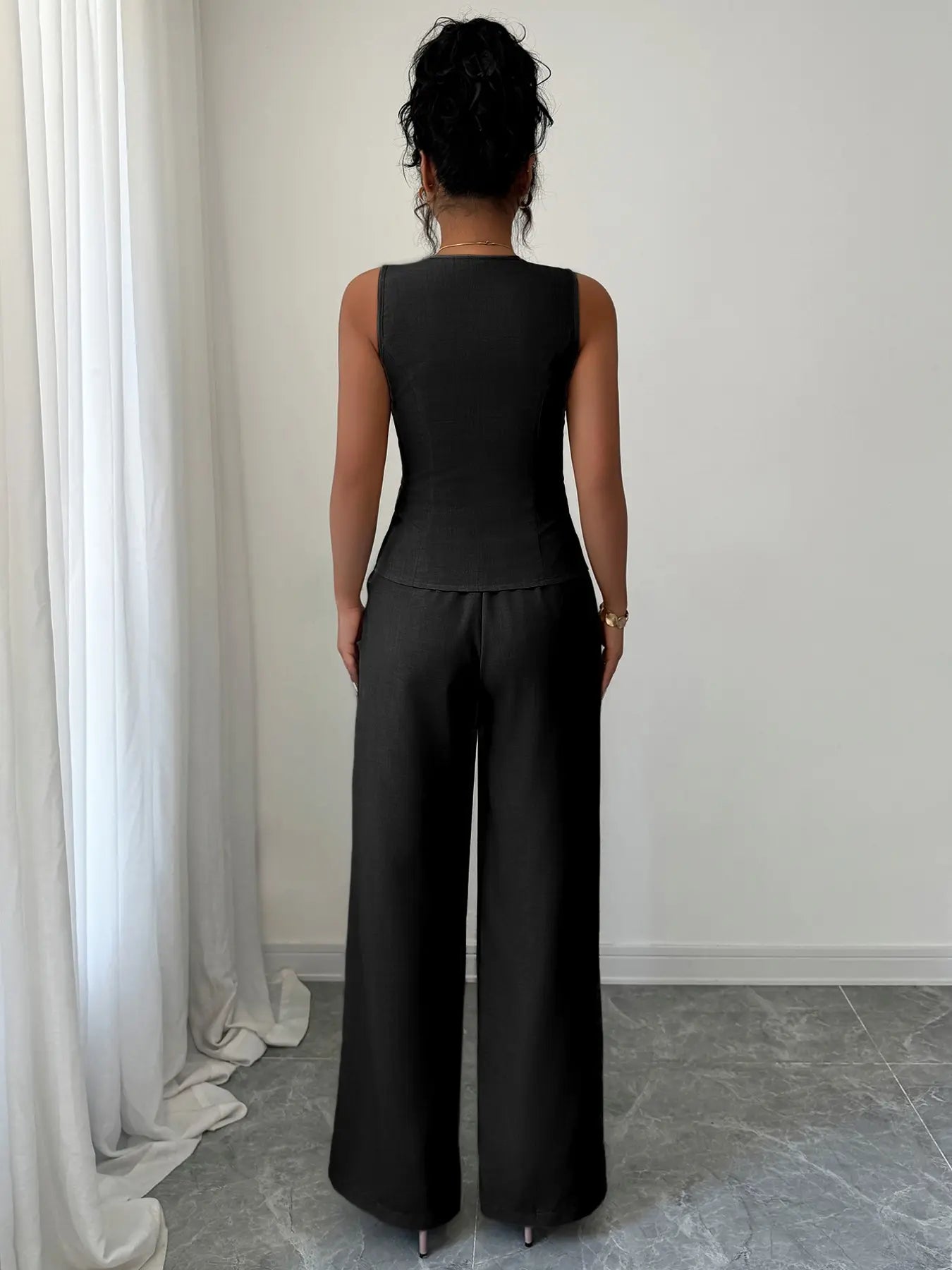 Colorblock V-Neck Sleeveless Button Vest Set Suits with Wide Leg Pants, Spring & Fall Fashion, Minimalist, Slim Fit, Plain Pattern, Natural Waist, Womenswear