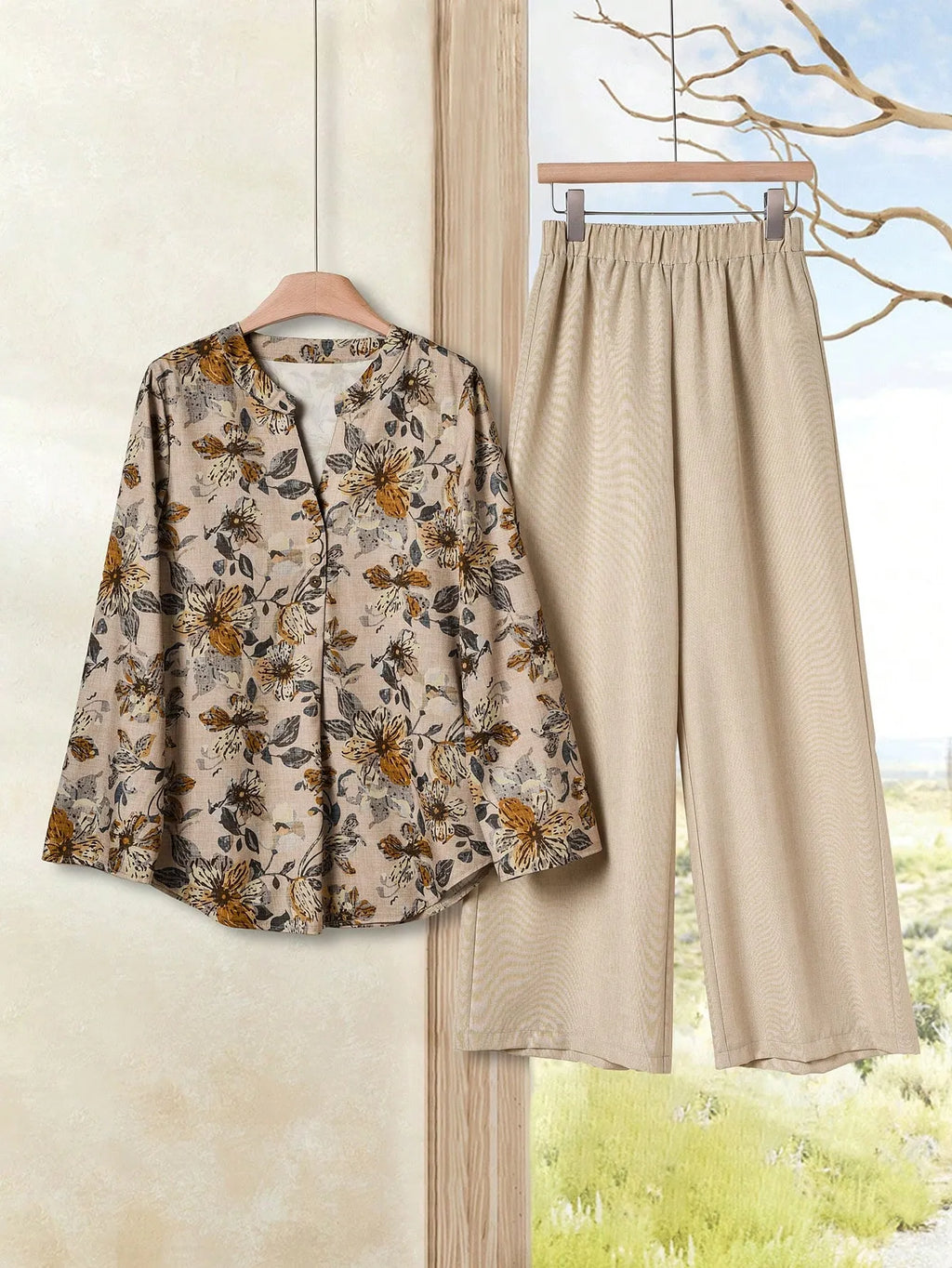 2pcs Women Contrast Color Print Shirt And Pants Set Old Money Style Business Casual Woman Blouse Sets For Ladies Two Piece