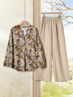 2pcs Women Contrast Color Print Shirt And Pants Set Old Money Style Business Casual Woman Blouse Sets For Ladies Two Piece