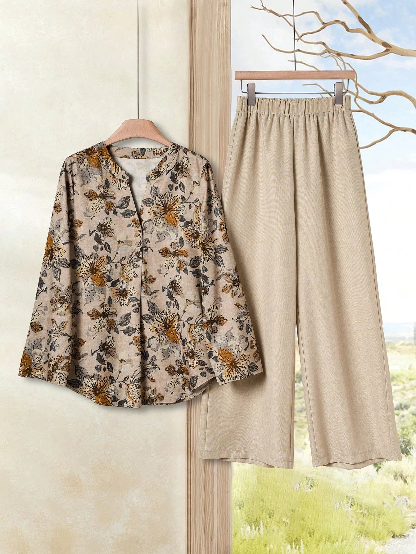 2pcs Women Contrast Color Print Shirt And Pants Set Old Money Style Business Casual Woman Blouse Sets For Ladies Two Piece
