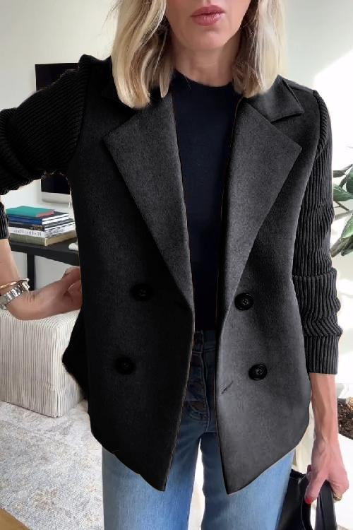 Women's Lapel Button Knitted Patchwork Sleeve Casual Coat