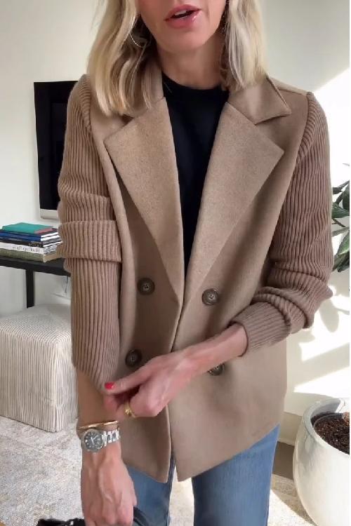 Women's Lapel Button Knitted Patchwork Sleeve Casual Coat